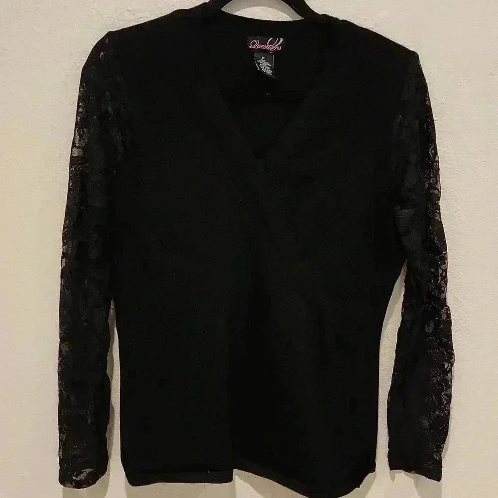 Questions Black Knit Top V Neck Mesh Lace Sleeves Size M